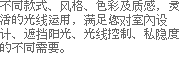 不同款式、风格、色彩及质感，灵活的光线运用，满足您对室內设计、遮挡阳光、光线控制、私隐度的不同需要。
